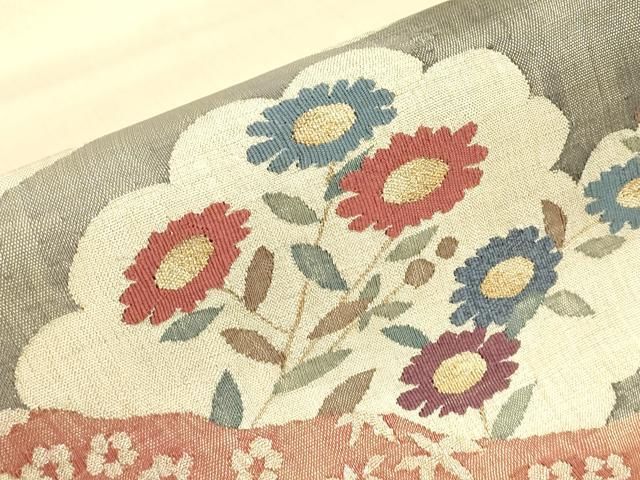平和屋着物▼太鼓柄袋帯 雲取り花文 すくい織 金糸 正絹 逸品 DABK4871az