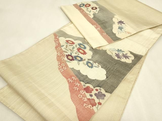 平和屋着物▼太鼓柄袋帯 雲取り花文 すくい織 金糸 正絹 逸品 DABK4871az