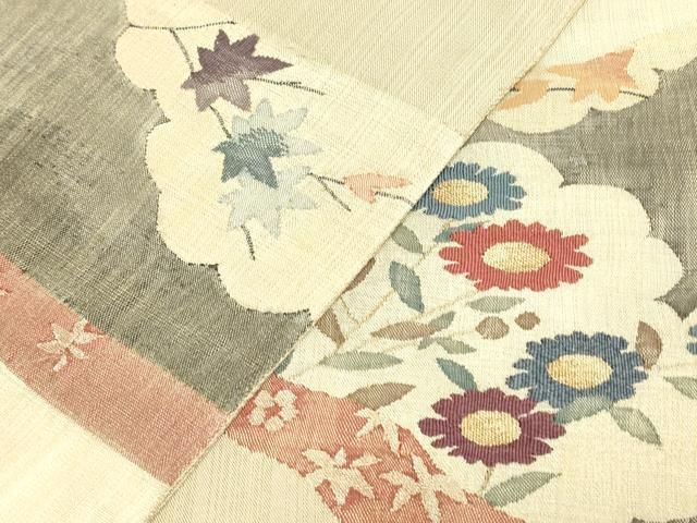 平和屋着物▼太鼓柄袋帯 雲取り花文 すくい織 金糸 正絹 逸品 DABK4871az