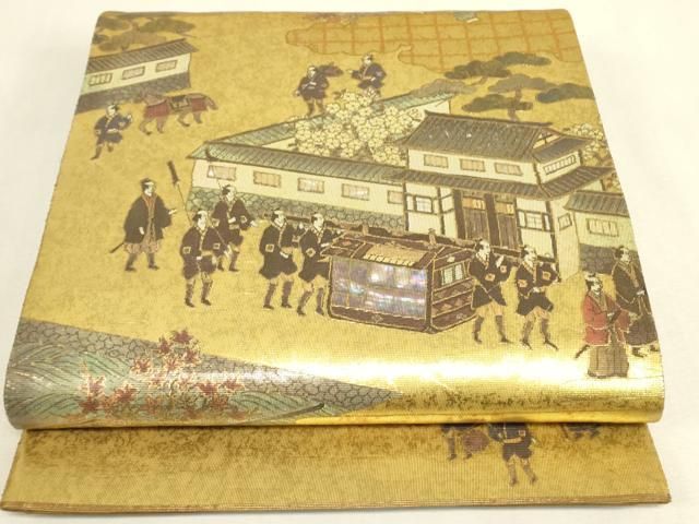 平和屋本店▼太鼓柄袋帯 作家物 手織 本金ラデン貼絵箔 人物風景文 金彩 正絹 逸品 DABK4877az