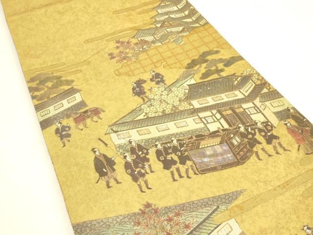 平和屋本店▼太鼓柄袋帯 作家物 手織 本金ラデン貼絵箔 人物風景文 金彩 正絹 逸品 DABK4877az