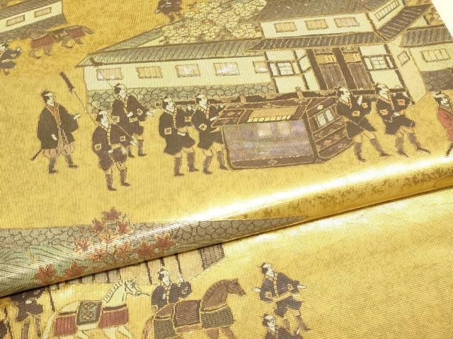 平和屋本店▼太鼓柄袋帯 作家物 手織 本金ラデン貼絵箔 人物風景文 金彩 正絹 逸品 DABK4877az
