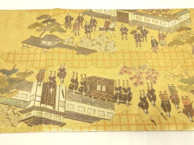 平和屋本店▼太鼓柄袋帯 作家物 手織 本金ラデン貼絵箔 人物風景文 金彩 正絹 逸品 DABK4877az