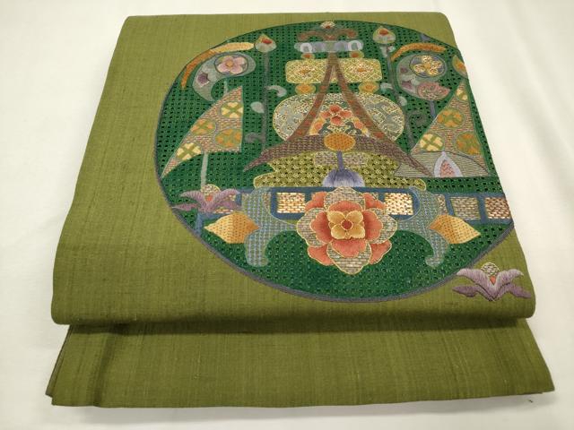 平和屋着物▼中国三大刺繍 スワトウ刺繍 汕頭刺繍 総刺繍 太鼓柄袋帯 紬地 飾花丸文 金糸 正絹 逸品 DABK5020ea