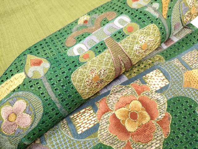 平和屋着物▼中国三大刺繍 スワトウ刺繍 汕頭刺繍 総刺繍 太鼓柄袋帯 紬地 飾花丸文 金糸 正絹 逸品 DABK5020ea
