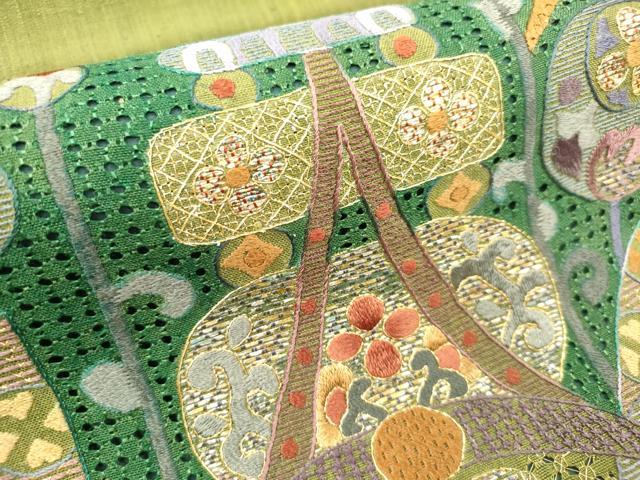 平和屋着物▼中国三大刺繍 スワトウ刺繍 汕頭刺繍 総刺繍 太鼓柄袋帯 紬地 飾花丸文 金糸 正絹 逸品 DABK5020ea