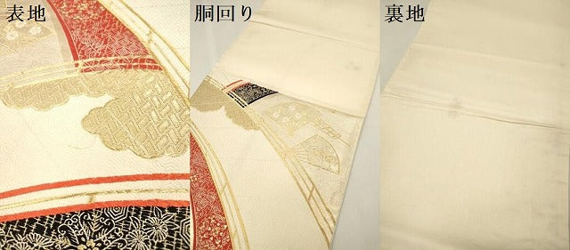 平和屋本店▼六通柄袋帯 唐織 九百錦 渡橋扇面花文 本金二丁箔 正絹 逸品 DABK5074ea