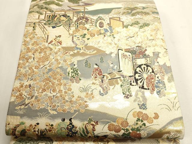 平和屋本店▼六通柄袋帯 紹巴 貴人聚遊楽絵文様 本金箔 正絹 逸品 DABK5522sf