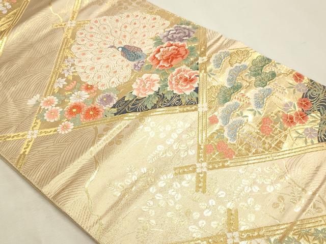 平和屋本店▼六通柄袋帯 唐織 孔雀花文 本金箔 正絹 逸品 DABK5533sf