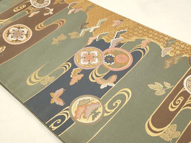平和屋本店▼西陣 岡文織物謹製 六通柄袋帯 花蝶丸文 本金箔 証紙付き 正絹 逸品 DABK5537sf