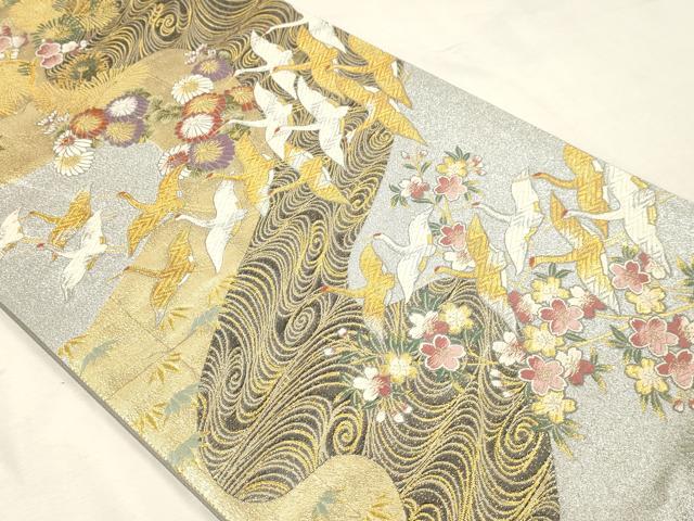 平和屋本店▼六通柄袋帯 織陣 流水吉兆鶴文 本金箔 正絹 逸品 DABK5547sf
