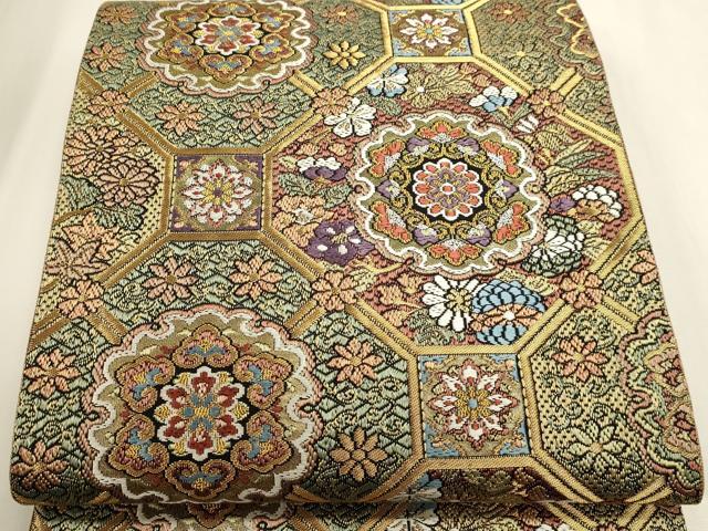 平和屋本店▼全通柄袋帯 絽刺し 区限刺繍 正倉院花文 本金箔 正絹 逸品 DABK5601sf