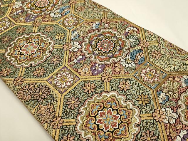 平和屋本店▼全通柄袋帯 絽刺し 区限刺繍 正倉院花文 本金箔 正絹 逸品 DABK5601sf