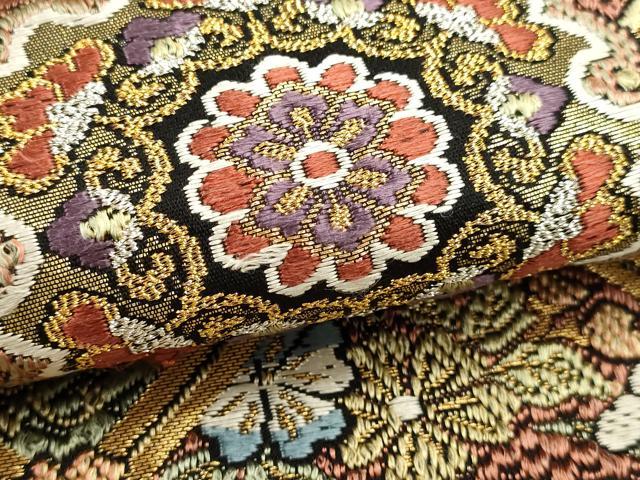 平和屋本店▼全通柄袋帯 絽刺し 区限刺繍 正倉院花文 本金箔 正絹 逸品 DABK5601sf