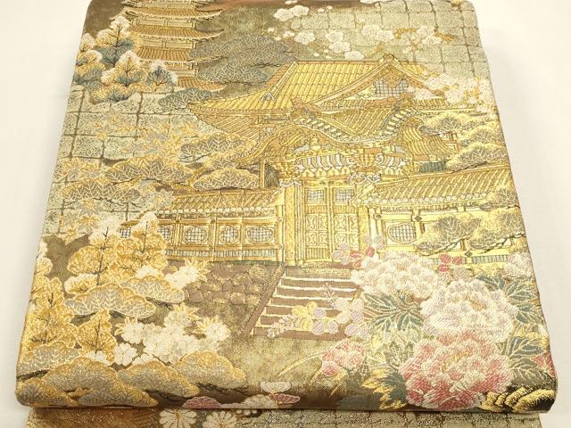 平和屋本店▼全通全景柄袋帯 風景草花文 本金箔二重箔織 正絹 逸品 DABK5627sf