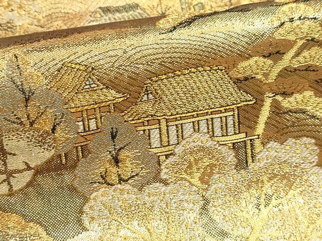平和屋本店▼全通全景柄袋帯 風景草花文 本金箔二重箔織 正絹 逸品 DABK5627sf
