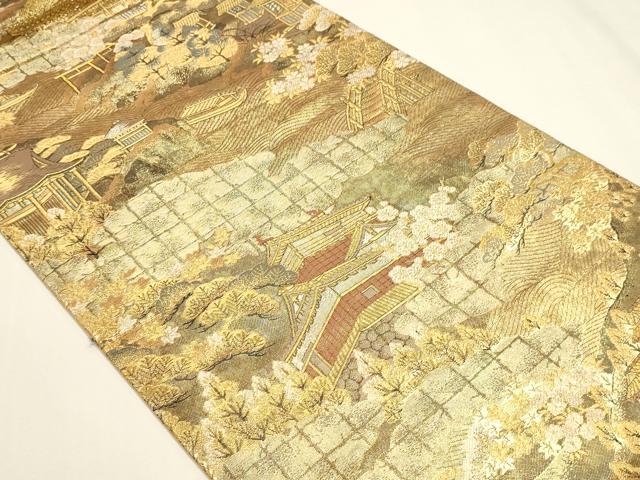 平和屋本店▼全通全景柄袋帯 風景草花文 本金箔二重箔織 正絹 逸品 DABK5627sf