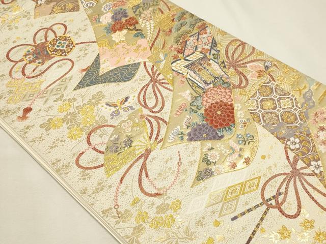 平和屋本店▼六通柄袋帯 九百錦 御所車花文 本金箔 正絹 逸品 DABK5703sf