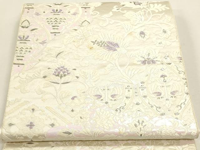 平和屋着物◎六通柄袋帯 唐織 更紗花文 プラチナ箔 銀糸 正絹 逸品 DABK5712sf