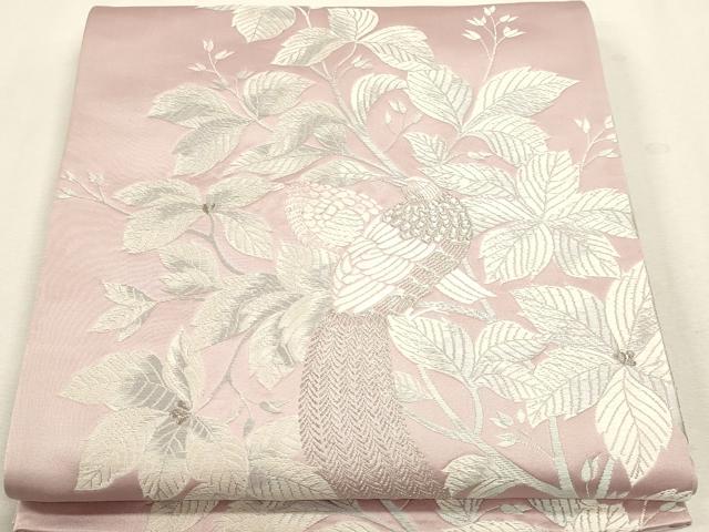 平和屋着物◎六通柄袋帯 唐織 尾長鳥枝葉文 銀糸 正絹 逸品 DABK5741sf