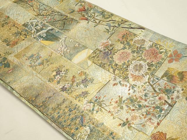 平和屋本店▼西陣 あさぎ 両面 全通全景柄袋帯 近代花鳥画 日本美術名鑑 24金プラチナ二重箔 正絹 逸品 DABK5777sf