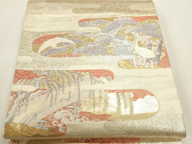 平和屋本店▼六通柄袋帯 霞松鶴献上紋 本金箔 正絹 逸品 DABK5783sf