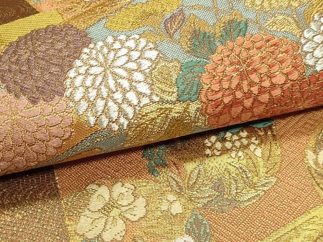 平和屋本店▼六通柄袋帯 御所車色紙花文 本金箔 正絹 逸品 DABK5945sf