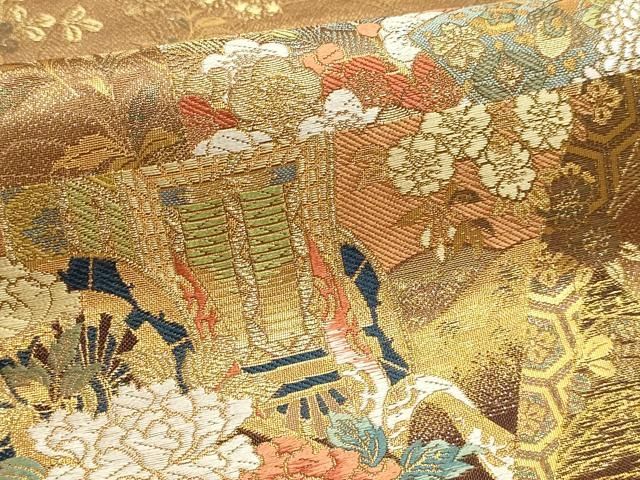 平和屋本店▼六通柄袋帯 御所車色紙花文 本金箔 正絹 逸品 DABK5945sf
