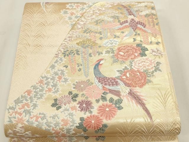 平和屋本店▼六通柄袋帯 唐織 山取花鳥文 本金二重箔 正絹 逸品 DABK5948sf