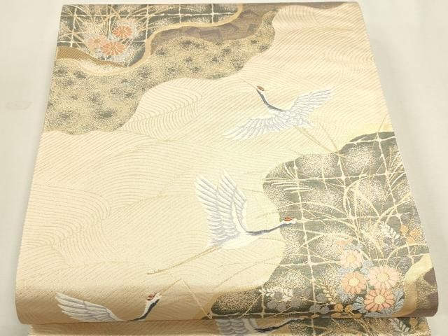 平和屋本店▼六通柄袋帯 飛鶴草花文 本金二重箔 正絹 逸品 DABK5969sf