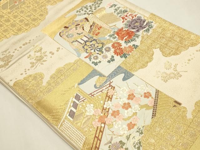 平和屋本店▼六通柄袋帯 唐織 御所車花文 本金箔 正絹 逸品 DABK5971sf