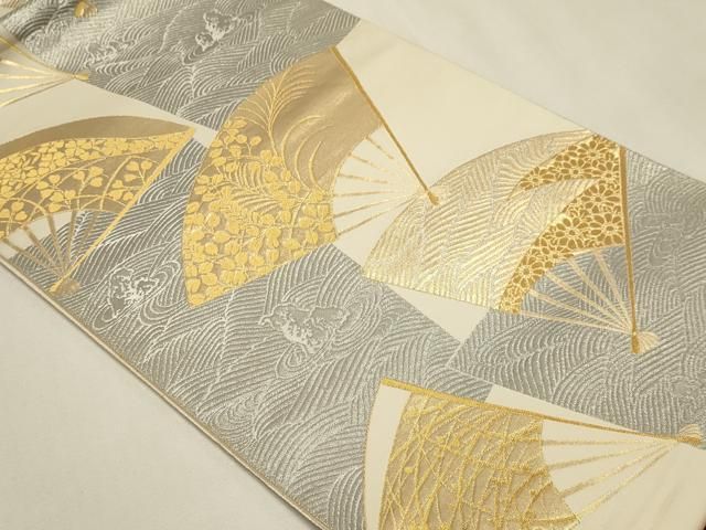 平和屋本店▼六通柄袋帯 秋草扇面 本金プラチナ二重箔 正絹 逸品 DABK5997sf