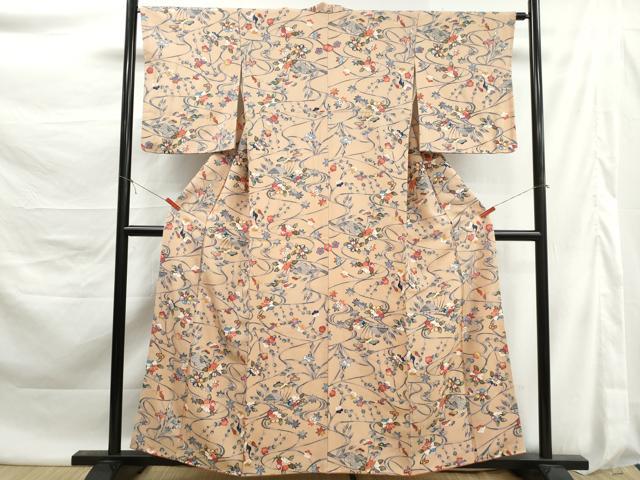 平和屋着物■上質な小紋 流水花文 椿 鬼しぼ縮緬 正絹 逸品 DABK6122qa
