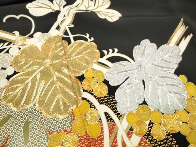 平和屋着物■豪華黒留袖 駒刺繍 枝葉文 金銀糸 正絹 逸品 DABK6132qa