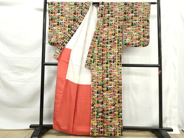 平和屋着物■上質な小紋 笹竹文 黒地 金彩 鬼しぼ縮緬 正絹 逸品 DABK6169qa