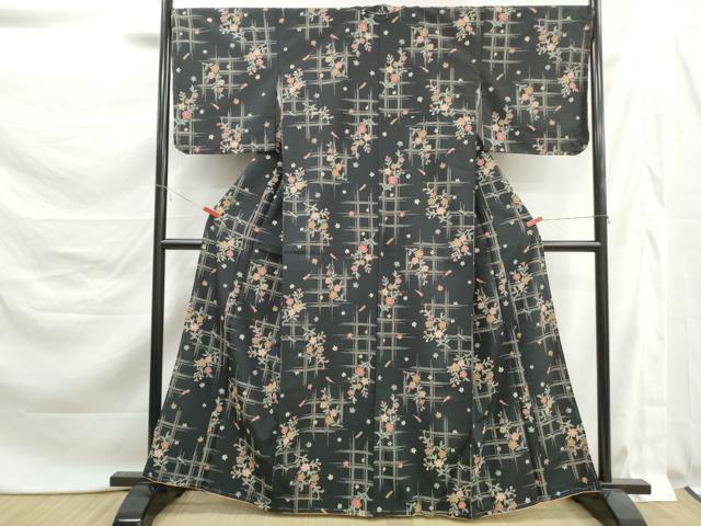 平和屋着物■小紋 格子枝花文 黒地 洗える着物 DABK6214qa