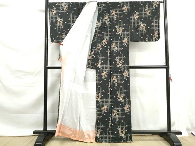 平和屋着物■小紋 格子枝花文 黒地 洗える着物 DABK6214qa