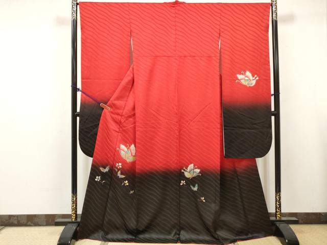 平和屋着物■振袖 舞蝶花文 暈し染め 金銀彩 洗える着物 DABK6222qa