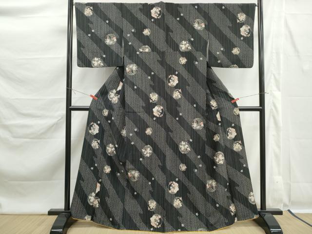 平和屋着物■小紋 花丸文 黒地 金彩 洗える着物 DABK6334qa