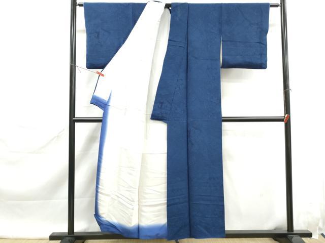 平和屋着物■上質な小紋 本藍 切嵌花蝶文 鬼しぼ縮緬 正絹 逸品 DABK6447qa