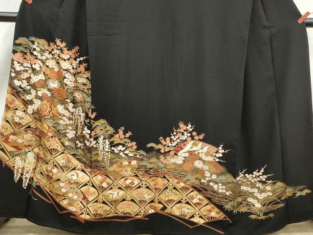 平和屋着物■豪華黒留袖 天井扇面花車文 鶴 金彩 正絹 逸品 DABK6453qa