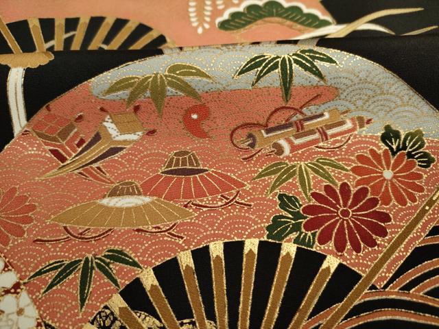 平和屋着物■豪華黒留袖 扇面御所車花文 宝尽くし 金彩 正絹 逸品 DABK6567ya