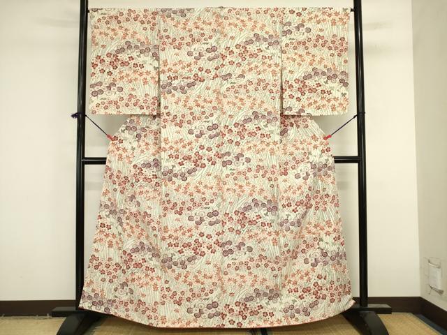 平和屋着物■上質な小紋 紬地 型染め 横段花文 正絹 逸品 未使用 DABK6641ya