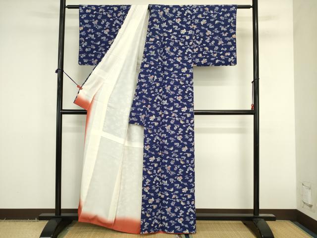 平和屋着物■上質な小紋 藍 型染め 舞蝶花文 正絹 逸品 DABK6645ya