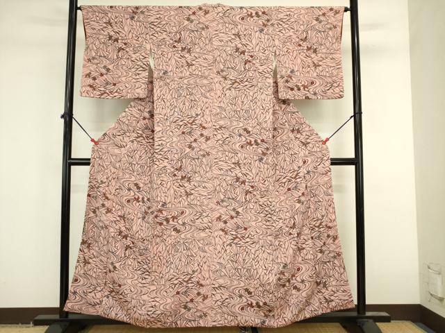 平和屋着物■上質な小紋 型染め 流水舞蝶花文 鬼しぼ縮緬 正絹 逸品 DABK6650ya