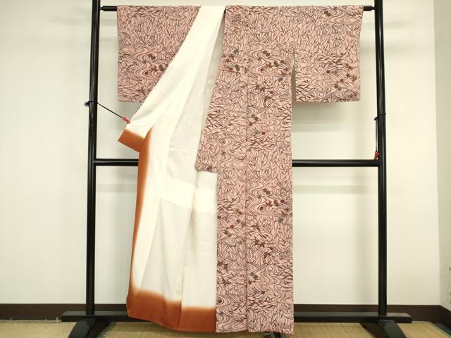 平和屋着物■上質な小紋 型染め 流水舞蝶花文 鬼しぼ縮緬 正絹 逸品 DABK6650ya