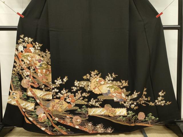 平和屋着物■豪華黒留袖 駒刺繍 地紙人物風景花文 花鼓 金彩 正絹 逸品 DABK6708ya