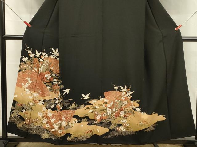 平和屋着物■豪華黒留袖 地紙御所車飛鶴花松文 金彩 正絹 逸品 DABK6710ya
