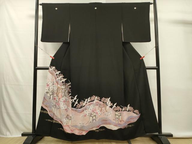 平和屋着物■豪華黒留袖 駒刺繍 御所車飛鶴花文 金彩 正絹 逸品 DABK6731ya