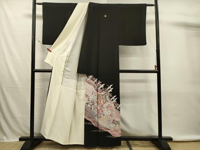 平和屋着物■豪華黒留袖 駒刺繍 御所車飛鶴花文 金彩 正絹 逸品 DABK6731ya